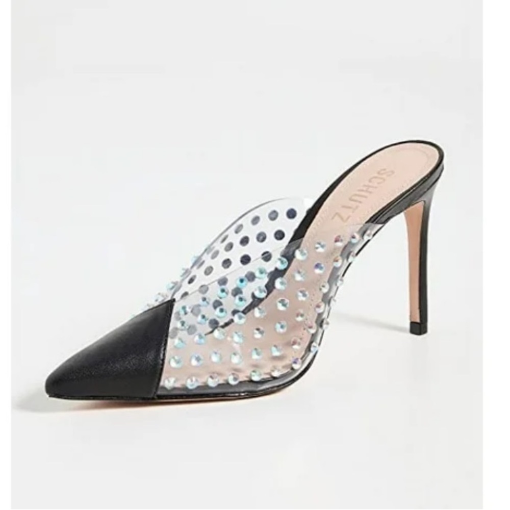 Schutz Greece Black Clear Vamp Rhinestones Stiletto Heel Mule Pumps 9.5 - Picture 3 of 12
